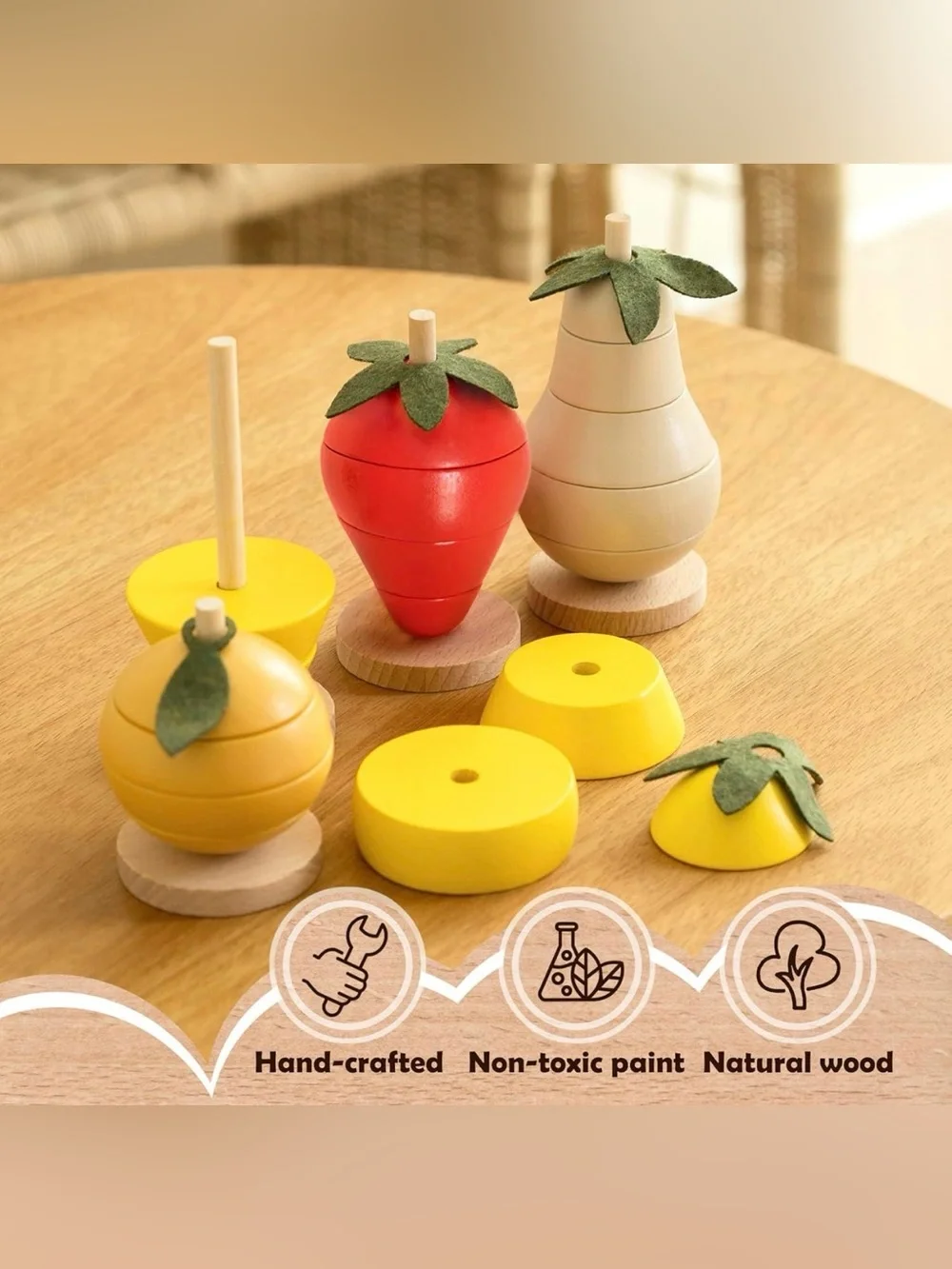 Montessori Wooden Fruit Stacking Toy: Toddler Color Sorting NEW